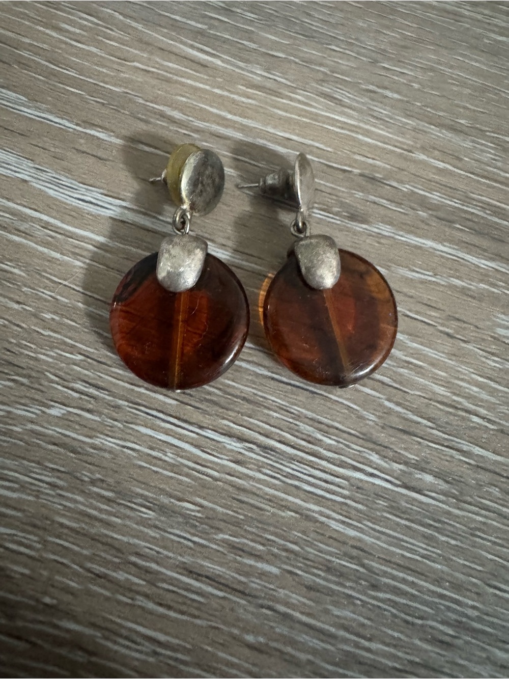Tortoise shell brown disk dangle drop earrings